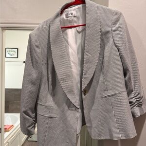 Le Suit grey and white pinstripe linen suit
